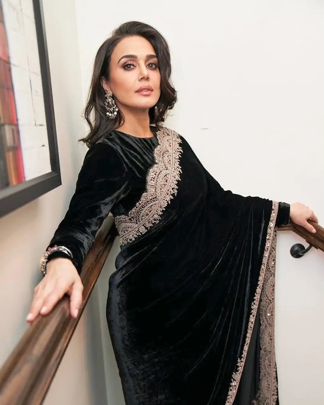 Preity Zinta Stills In Black Designer Saree